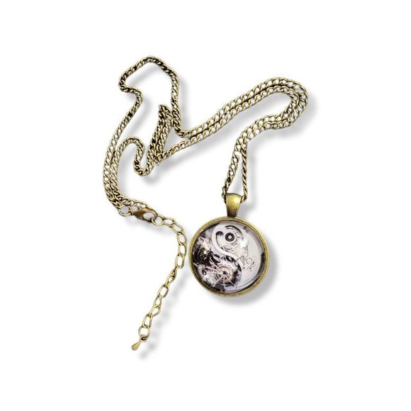 Brass Tone Finish Round Steampunk Yin Yang with magnifying cap Pendant 18" - Picture 3 of 5